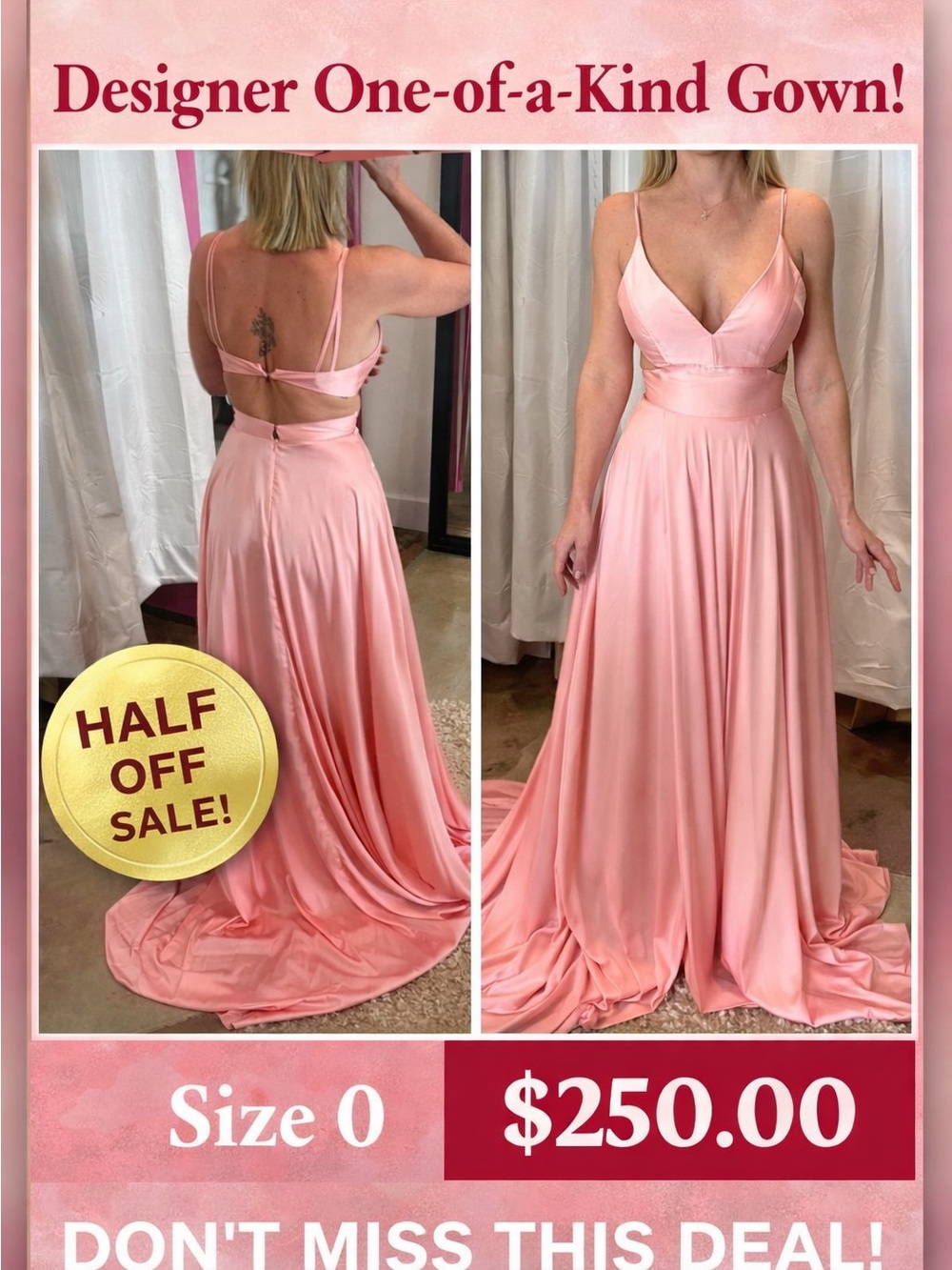 Designers Originals Blush Pink Satin V-Neck Prom Gown